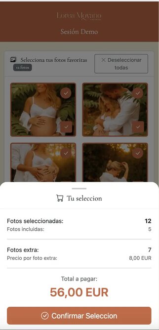 Pantalla de selección en el móvil: doce fotos de la sesión marcadas, cinco incluidas y siete extra, con un total de 56 euros