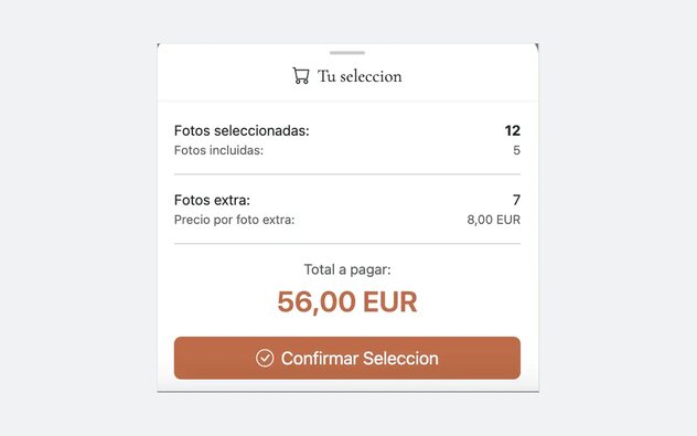 Panel de selección en el móvil: doce fotos elegidas, cinco incluidas y siete extra, con un total de 56 euros